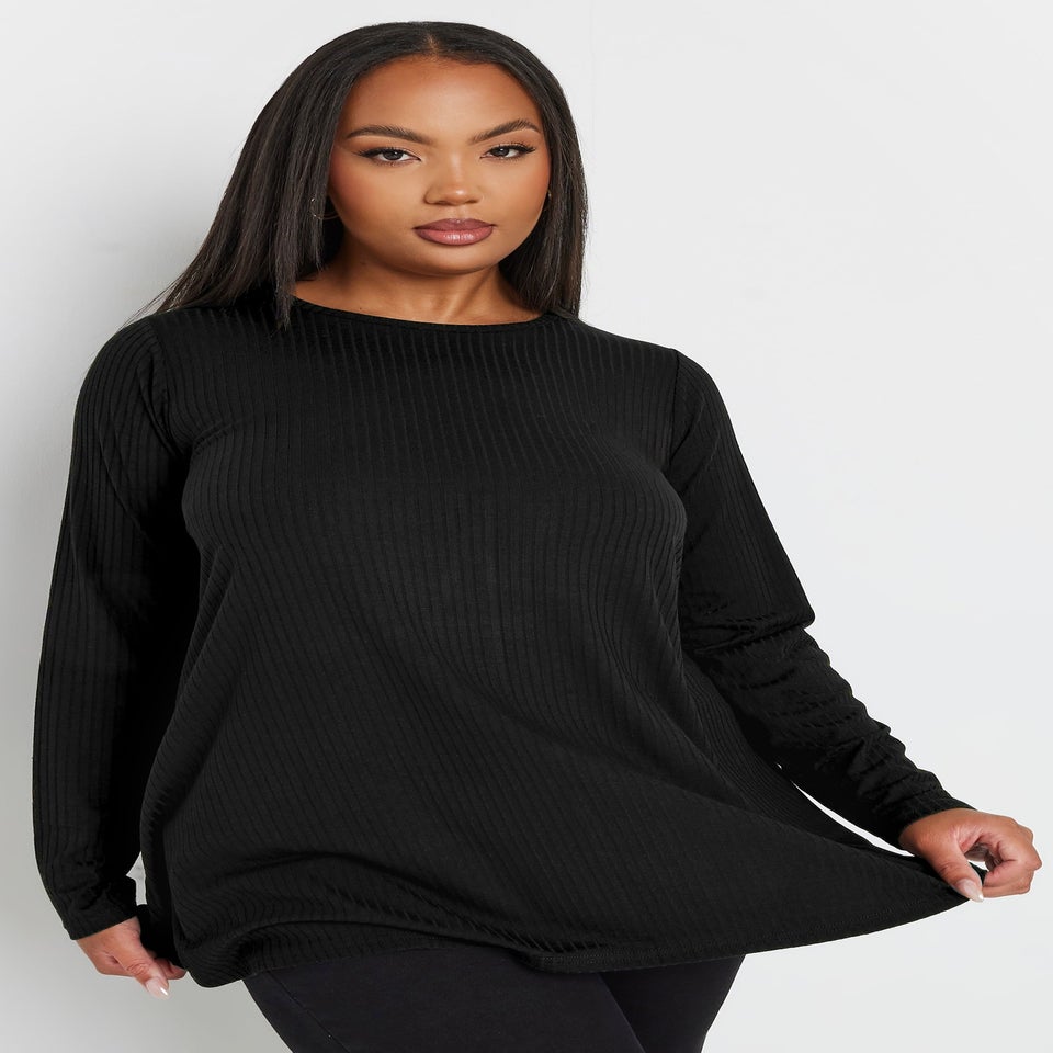 Yours Curve Black Long Sleeve Ribbed Swing Top