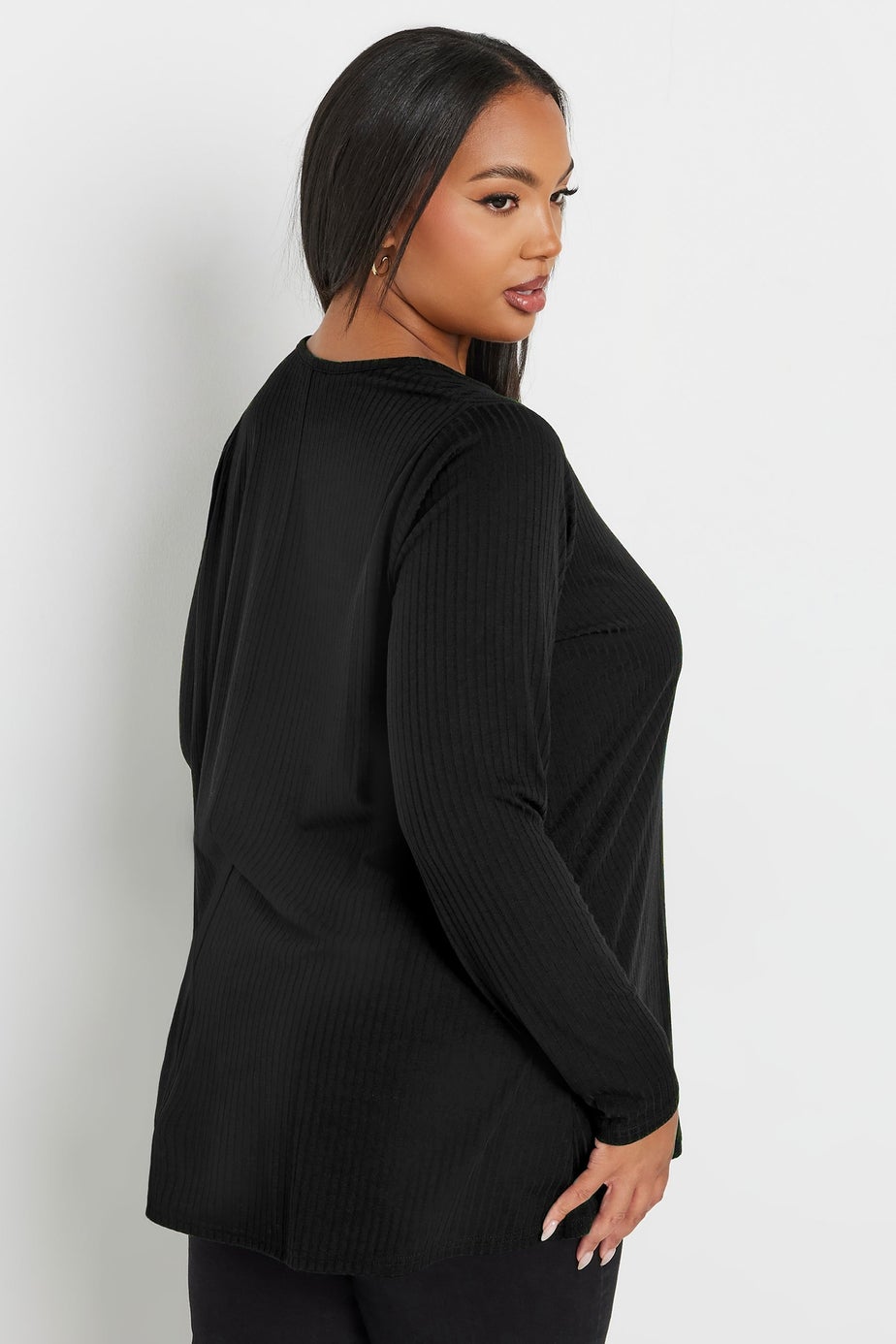 Yours Curve Black Long Sleeve Ribbed Swing Top