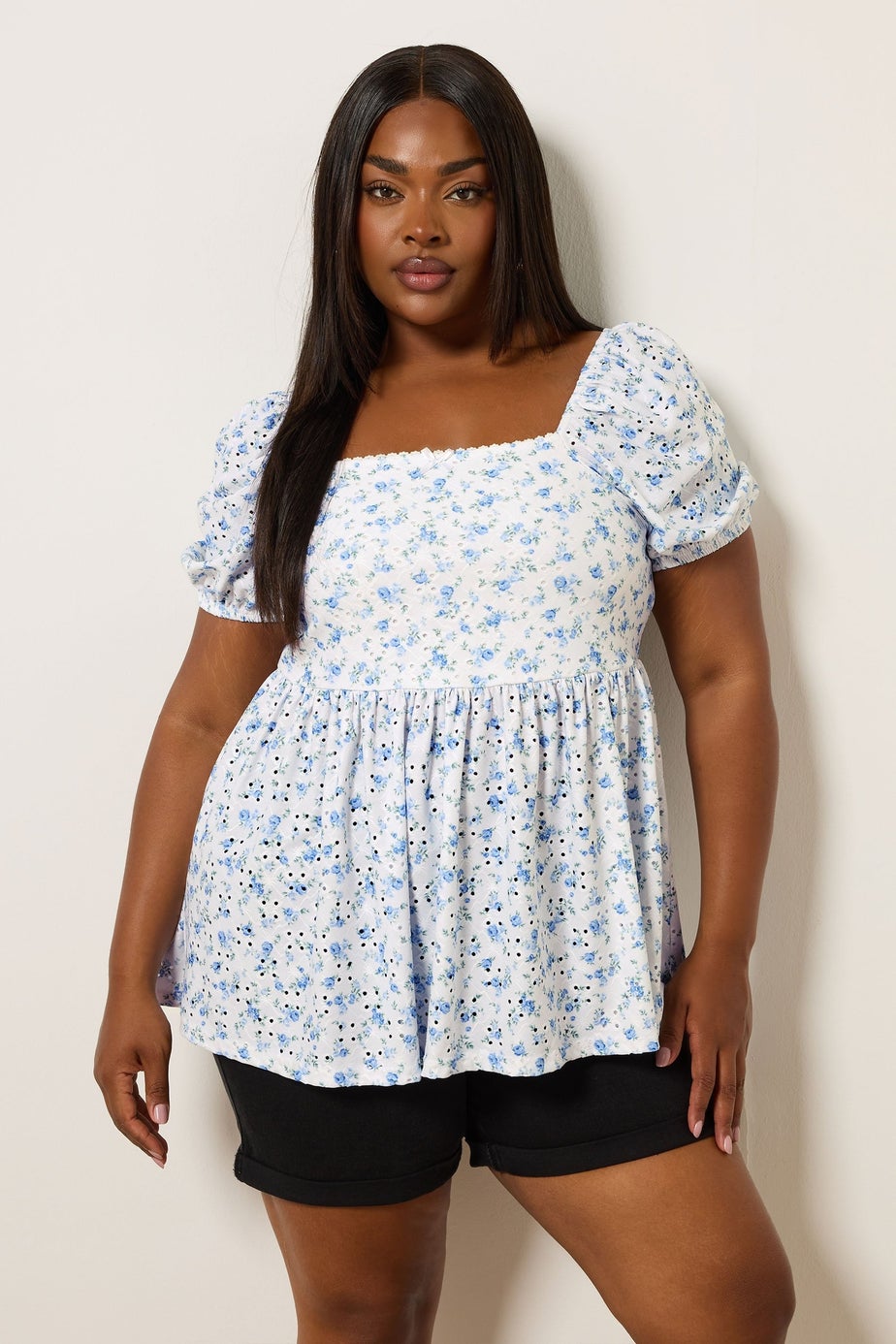 Yours Curve White Floral Broderie Anglaise Peplum Top