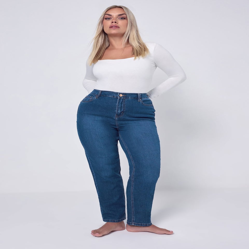 Yours Curve Mid Blue Straight Leg Ruby Jeans