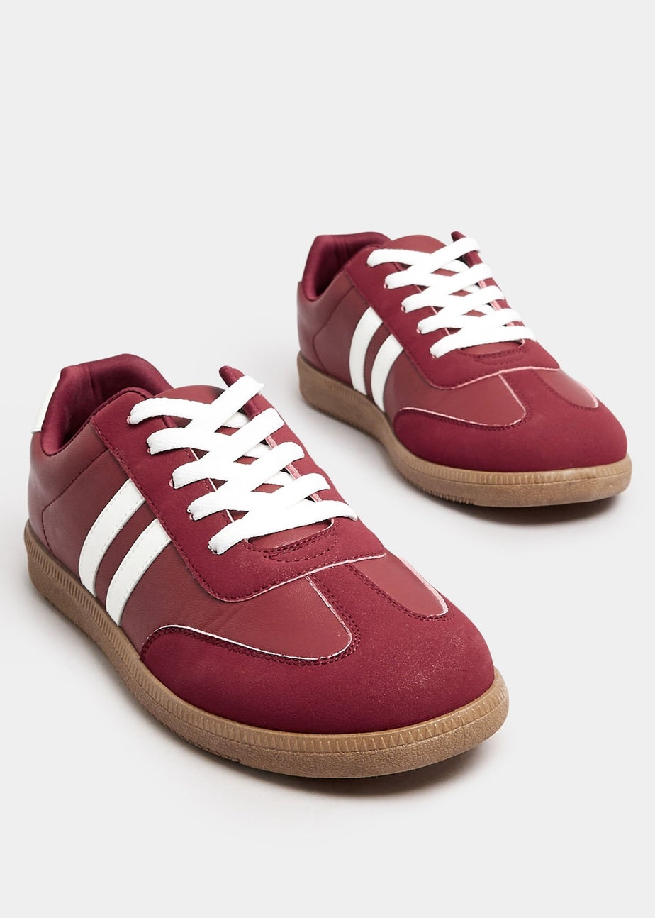 Yours Burgundy Red Retro Stripe Trainers In Extra Wide EEE Fit