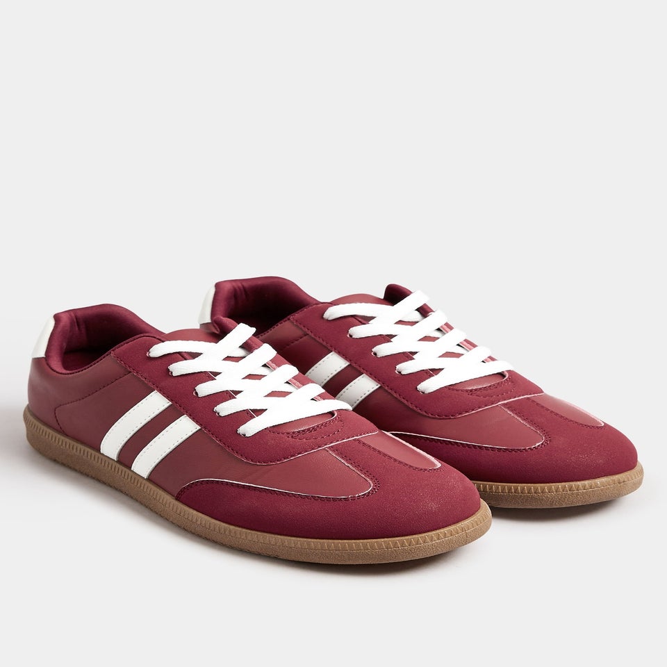 Yours Burgundy Red Retro Stripe Trainers In Extra Wide EEE Fit