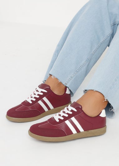 Yours Burgundy Red Retro Stripe Trainers In Extra Wide EEE Fit