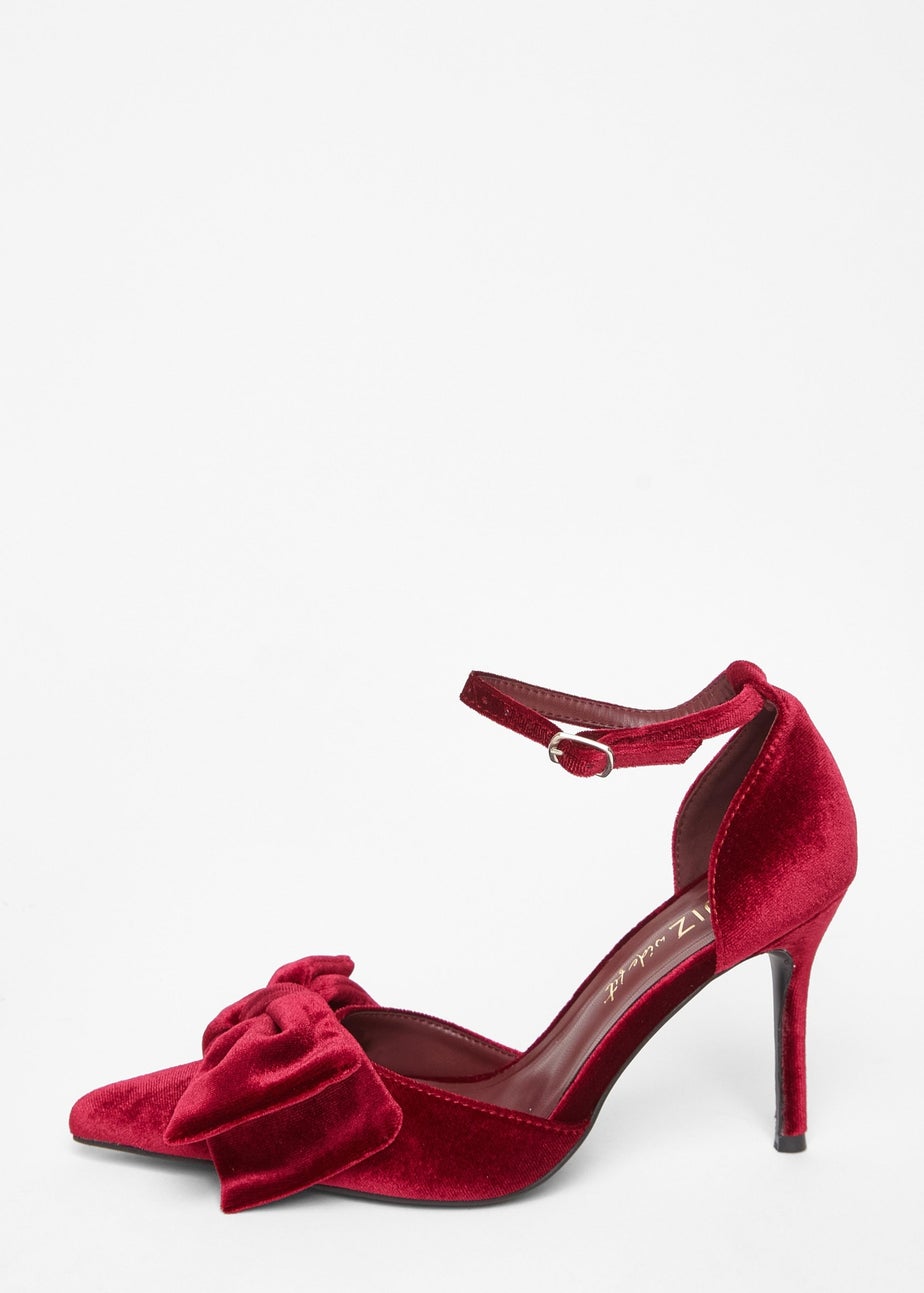 Quiz Burgundy Wide Fit Velvet Bow Court Heels