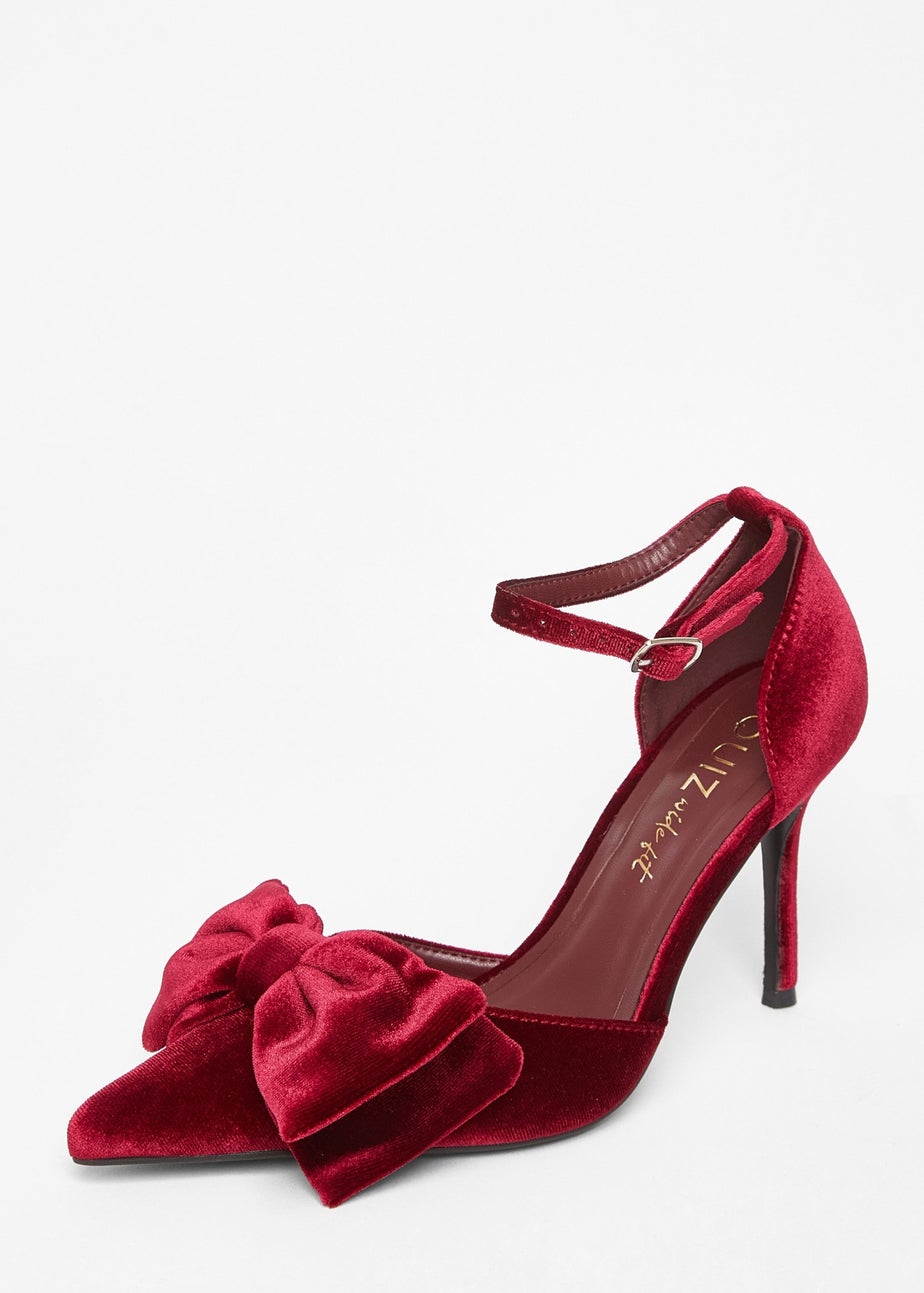 Quiz Burgundy Wide Fit Velvet Bow Court Heels