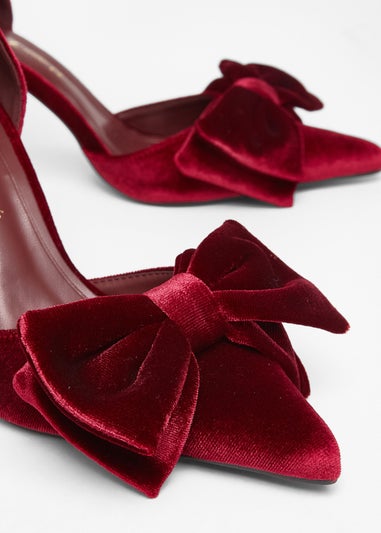 Quiz Burgundy Wide Fit Velvet Bow Court Heels