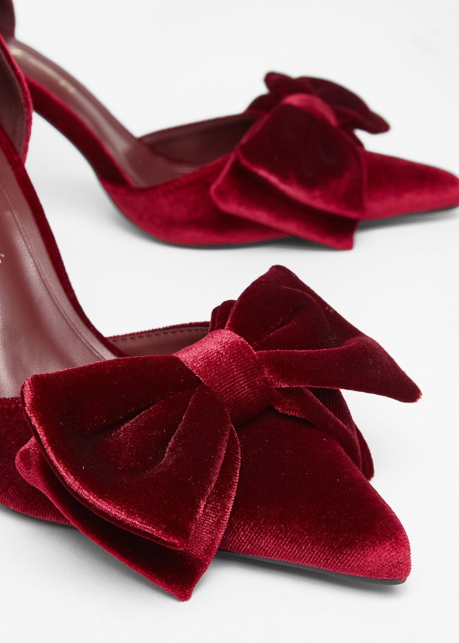 Quiz Burgundy Wide Fit Velvet Bow Court Heels