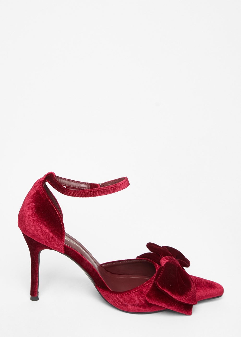 Quiz Burgundy Wide Fit Velvet Bow Court Heels