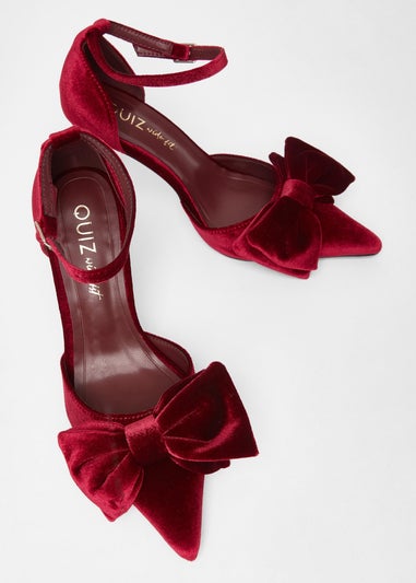 Quiz Burgundy Wide Fit Velvet Bow Court Heels
