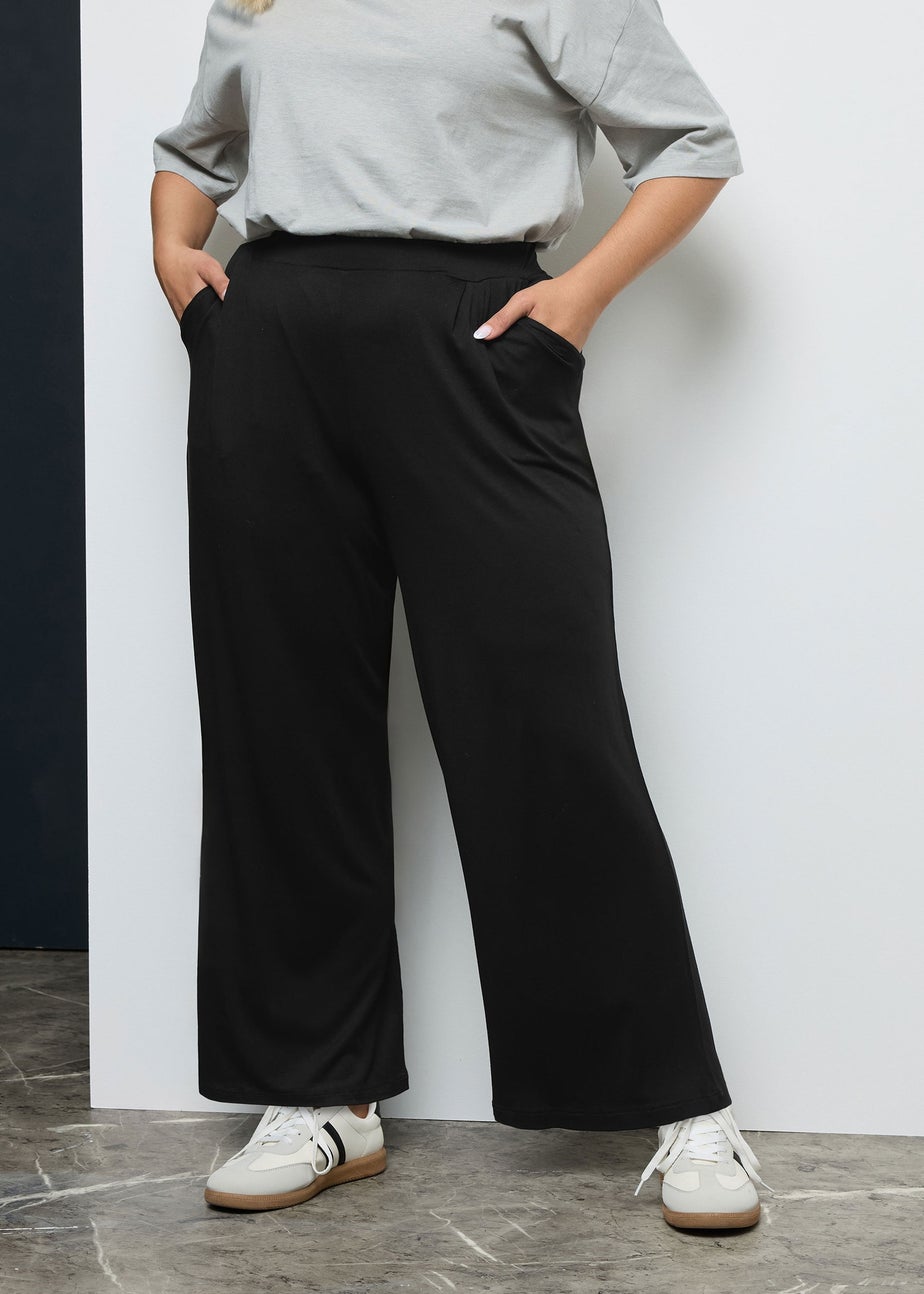 Yours Curve Black Pleated Wide Leg Stretch Trousers