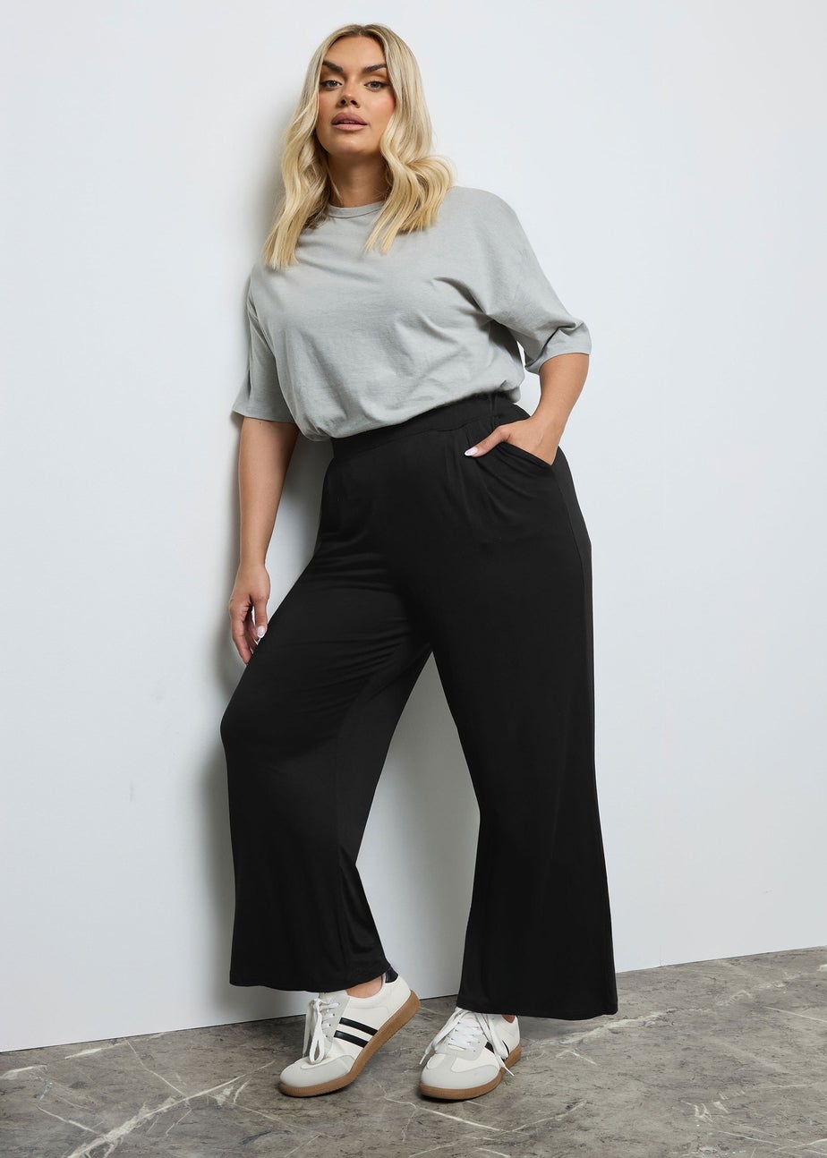 Yours Curve Black Pleated Wide Leg Stretch Trousers