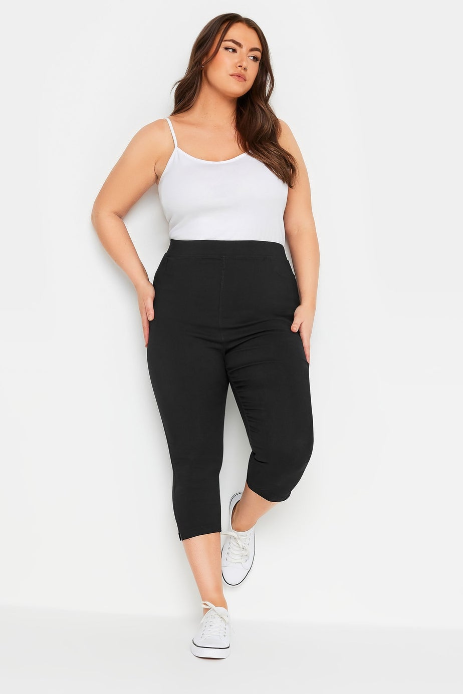 Yours Curve Black Bengaline Cropped Stretch Pull On Trousers