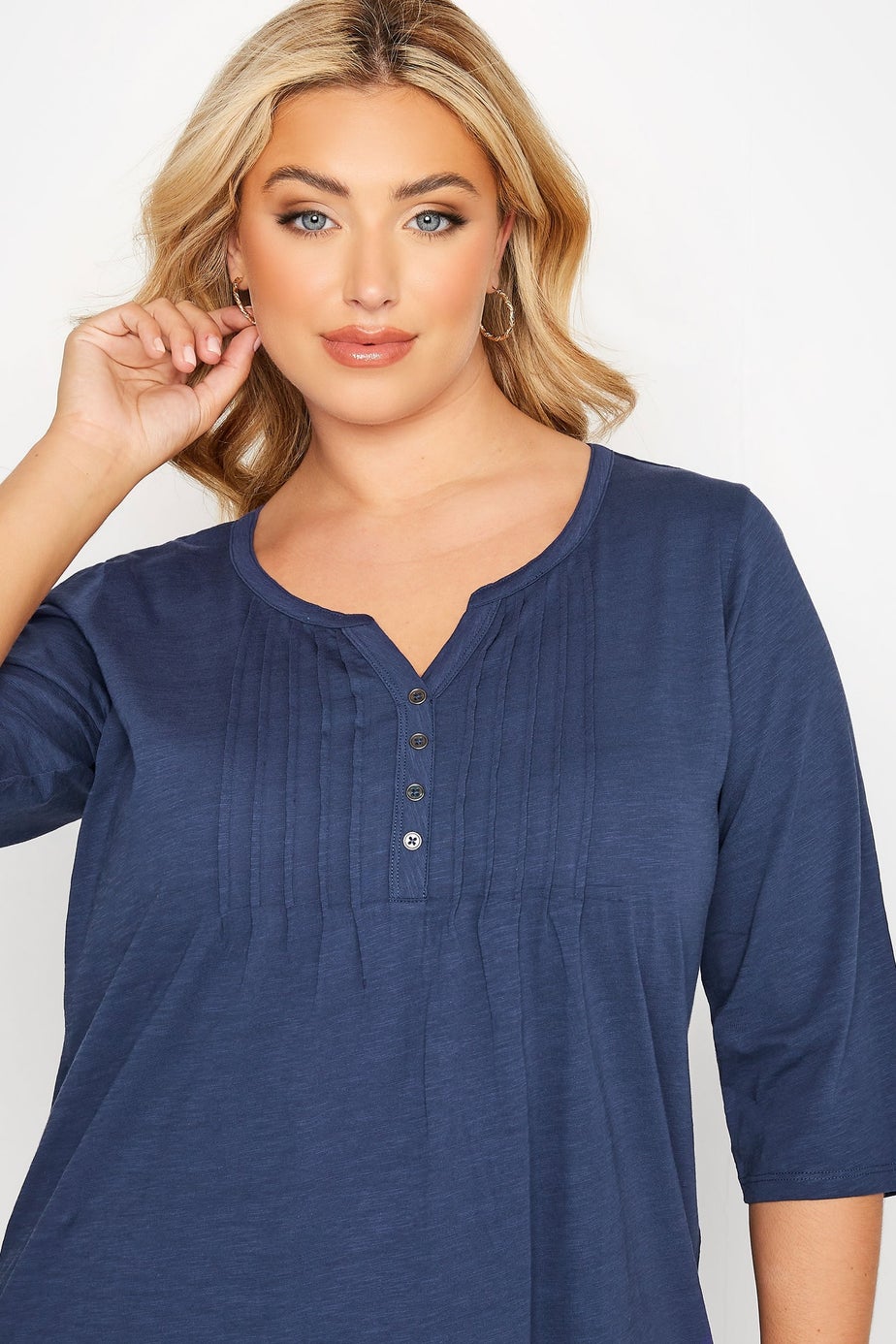 Yours Curve Denim Blue Pintuck Henley T-Shirt