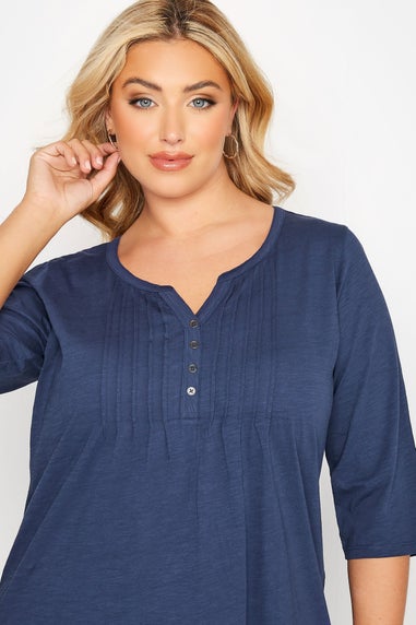 Yours Curve Denim Blue Pintuck Henley T-Shirt