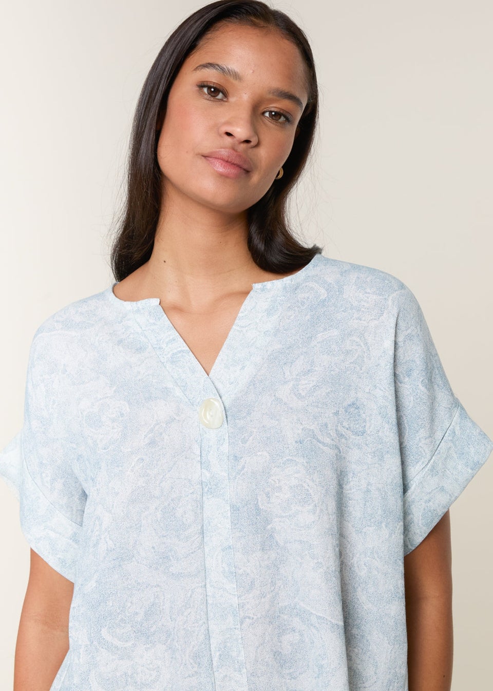 Blue Vanilla Blue Printed V Neck Button Top
