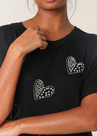 Blue Vanilla Black Round Neck Diamante Heart Detailing T-Shirt