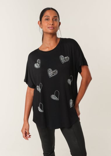 Blue Vanilla Black Round Neck Diamante Heart Detailing T-Shirt
