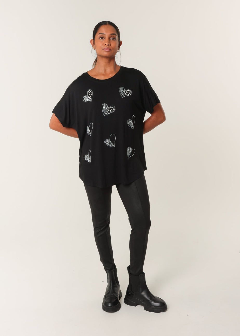 Blue Vanilla Black Round Neck Diamante Heart Detailing T-Shirt
