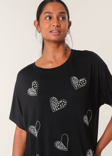 Blue Vanilla Black Round Neck Diamante Heart Detailing T-Shirt