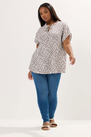 Yours Curve White Leaf Textured Frill Neck Top