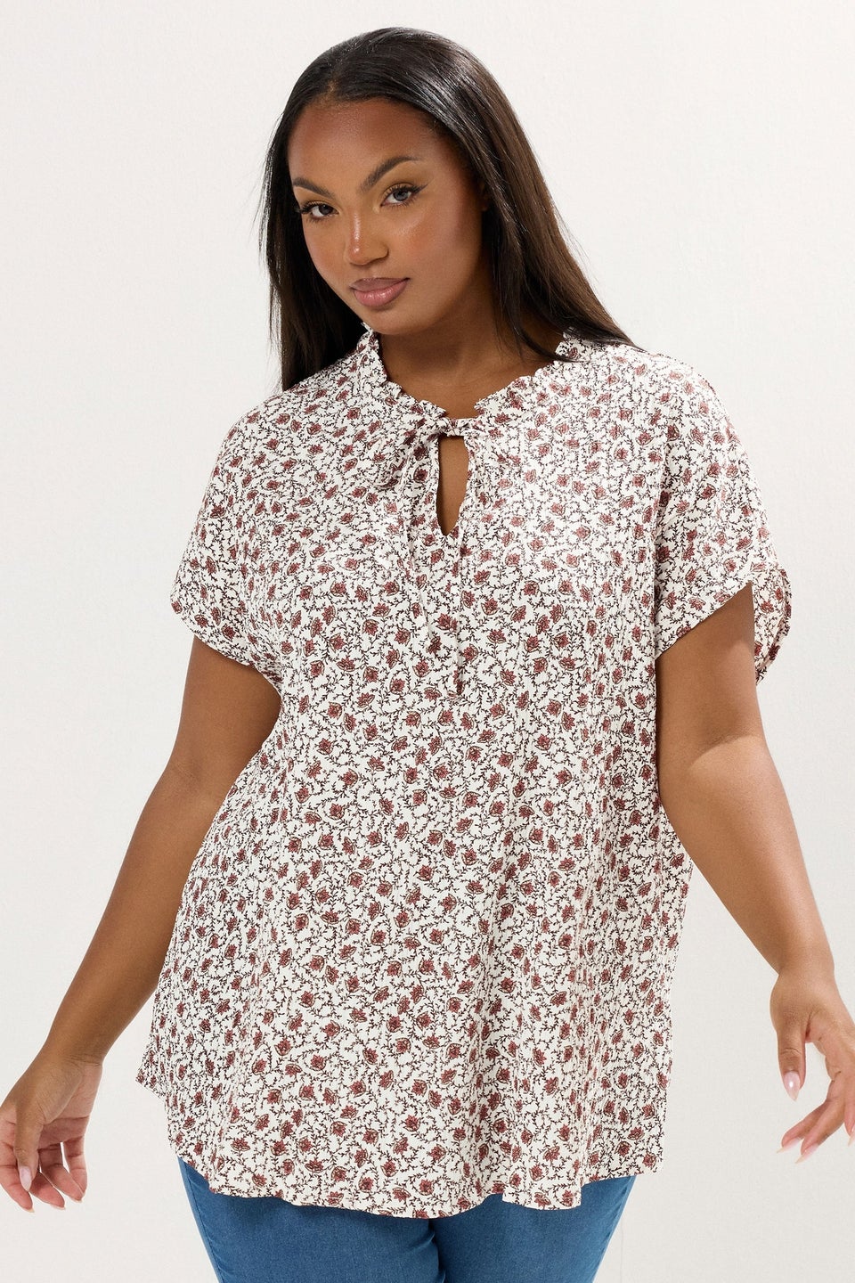 Yours Curve White Leaf Textured Frill Neck Top