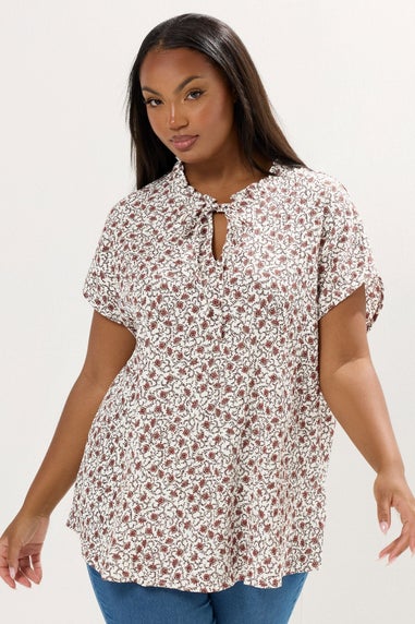 Yours Curve White Leaf Textured Frill Neck Top