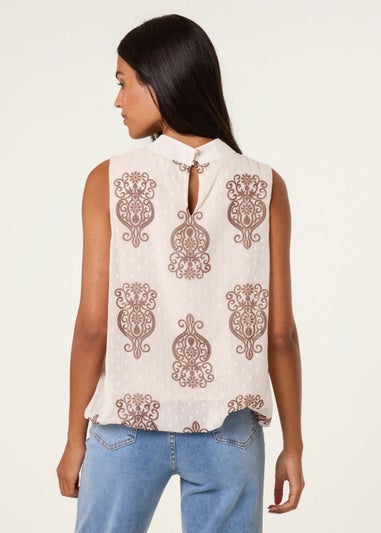 Blue Vanilla Beige Printed Sleeveless High Neck Blouse