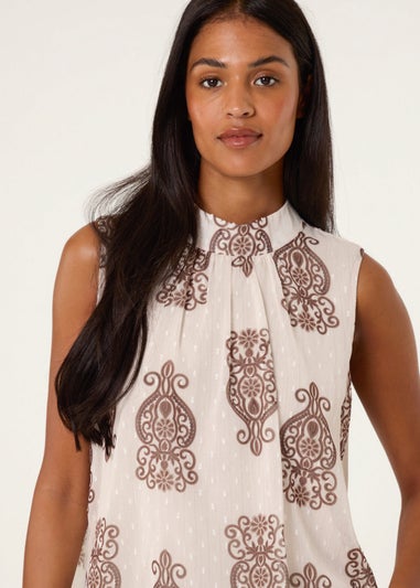 Blue Vanilla Beige Printed Sleeveless High Neck Blouse