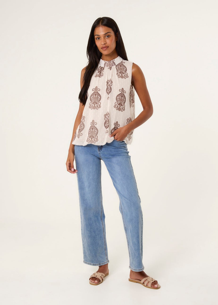 Blue Vanilla Beige Printed Sleeveless High Neck Blouse