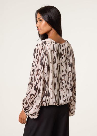 Blue Vanilla Brown Animal Print Puffball V Neck Top