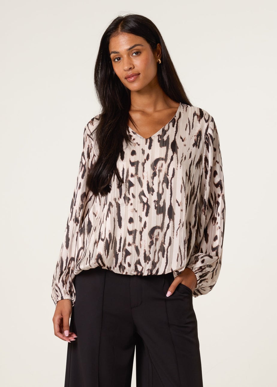 Blue Vanilla Brown Animal Print Puffball V Neck Top