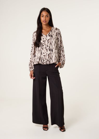 Blue Vanilla Brown Animal Print Puffball V Neck Top