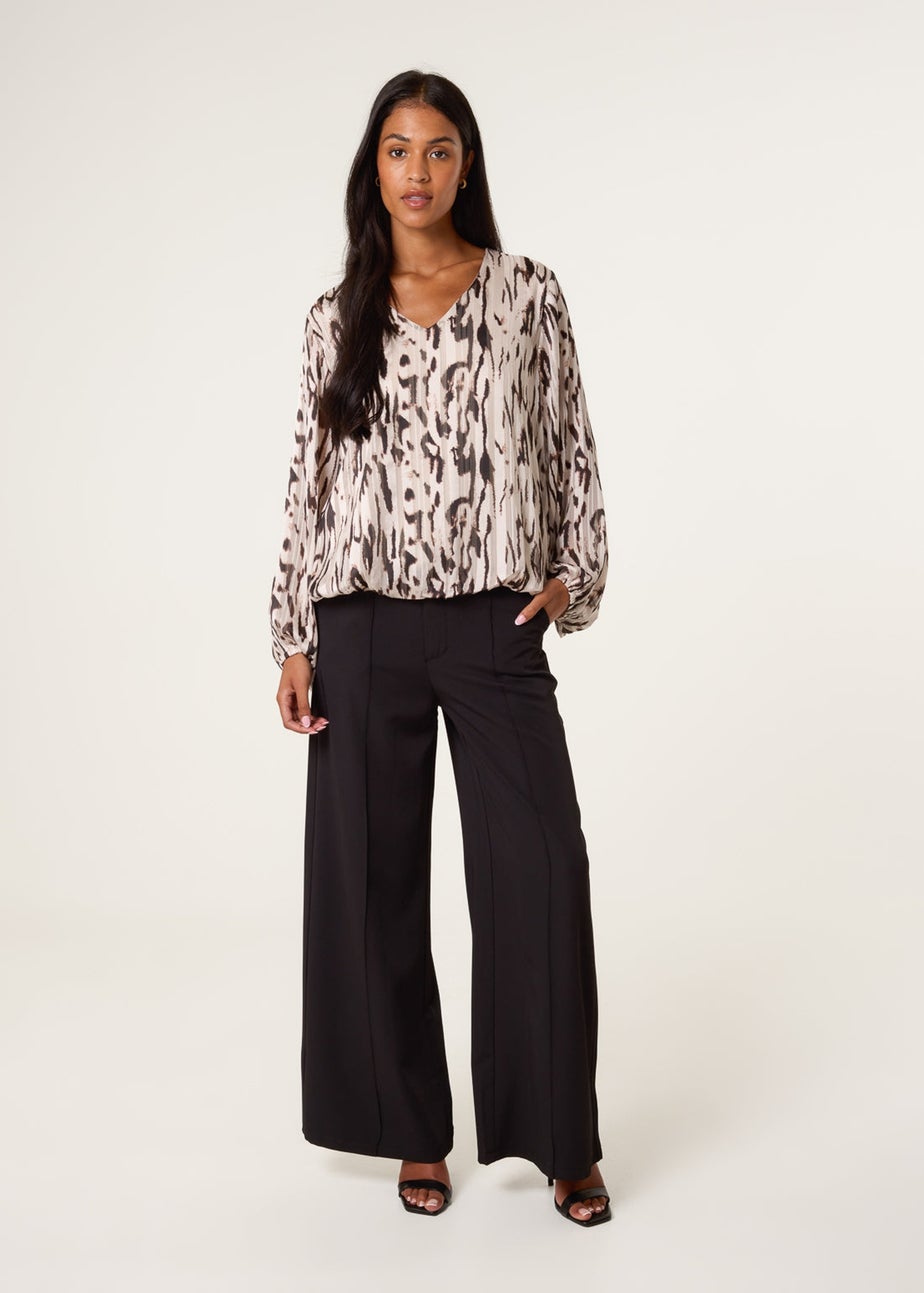 Blue Vanilla Brown Animal Print Puffball V Neck Top