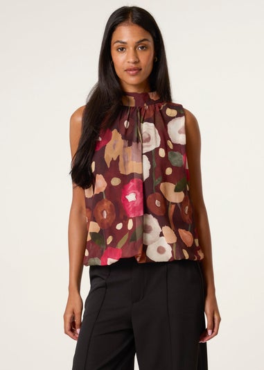 Blue Vanilla Brown Watercolour Sleeveless High Neck Puffball Top