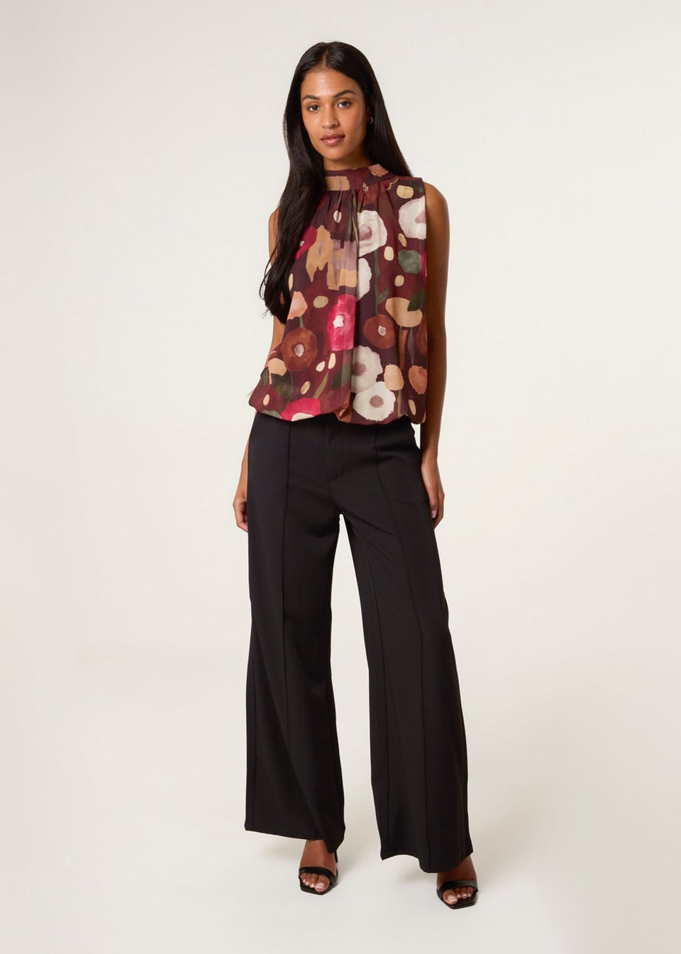 Blue Vanilla Brown Watercolour Sleeveless High Neck Puffball Top