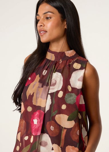 Blue Vanilla Brown Watercolour Sleeveless High Neck Puffball Top