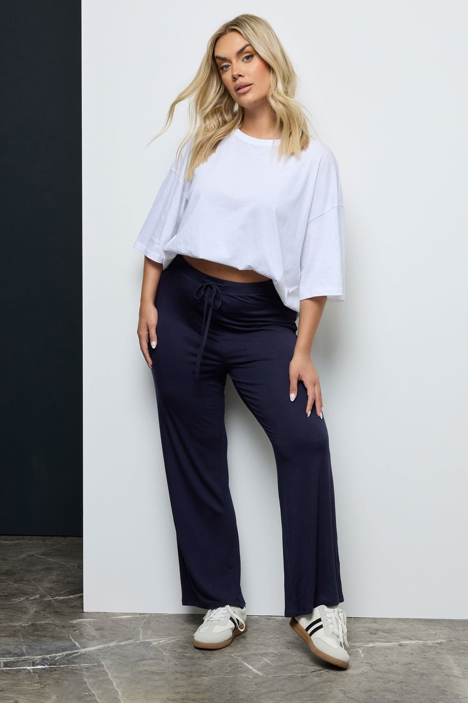 Yours Curve Navy Blue Wide Leg Pull On Stretch Jersey Yoga Pants
