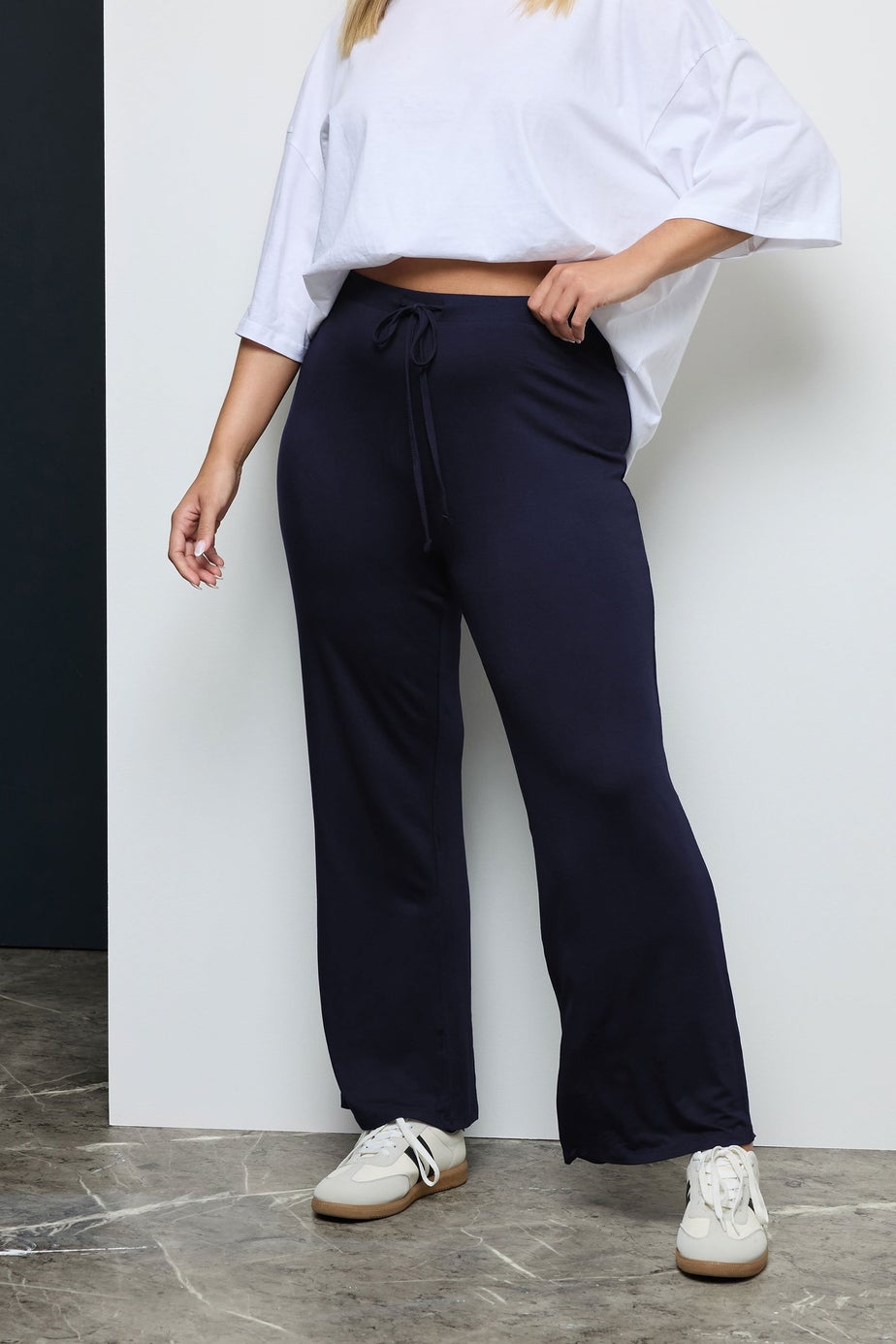 Yours Curve Navy Blue Wide Leg Pull On Stretch Jersey Yoga Pants