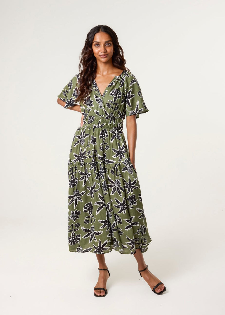 Blue Vanilla Khaki Notch Neck Elastic Tropical Print Dress