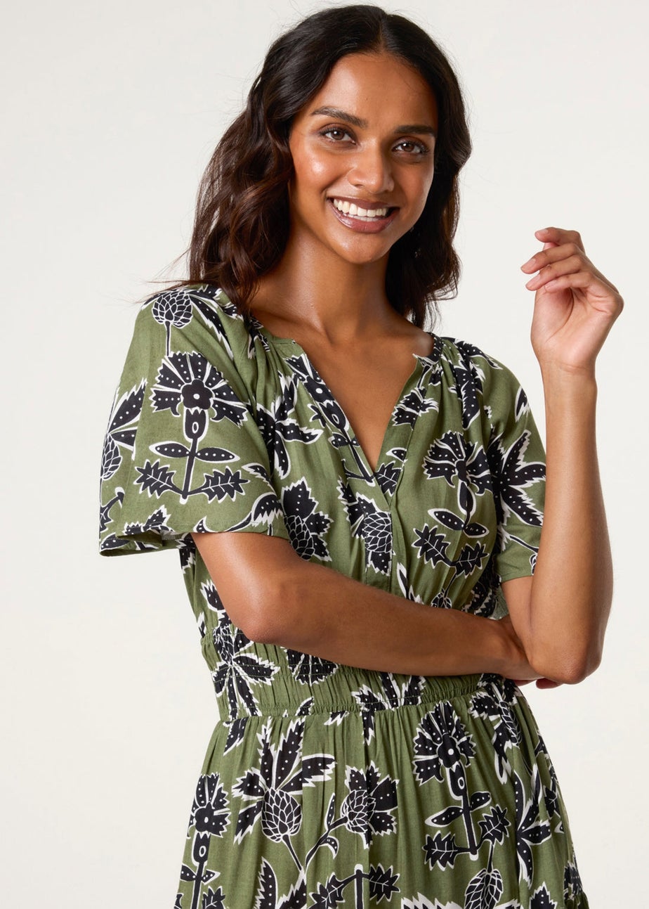 Blue Vanilla Khaki Notch Neck Elastic Tropical Print Dress