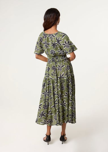 Blue Vanilla Khaki Notch Neck Elastic Tropical Print Dress