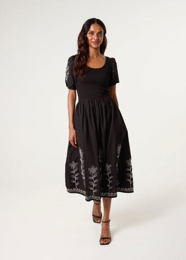 Blue Vanilla Black Embroidered Puff Sleeve Midi Dress