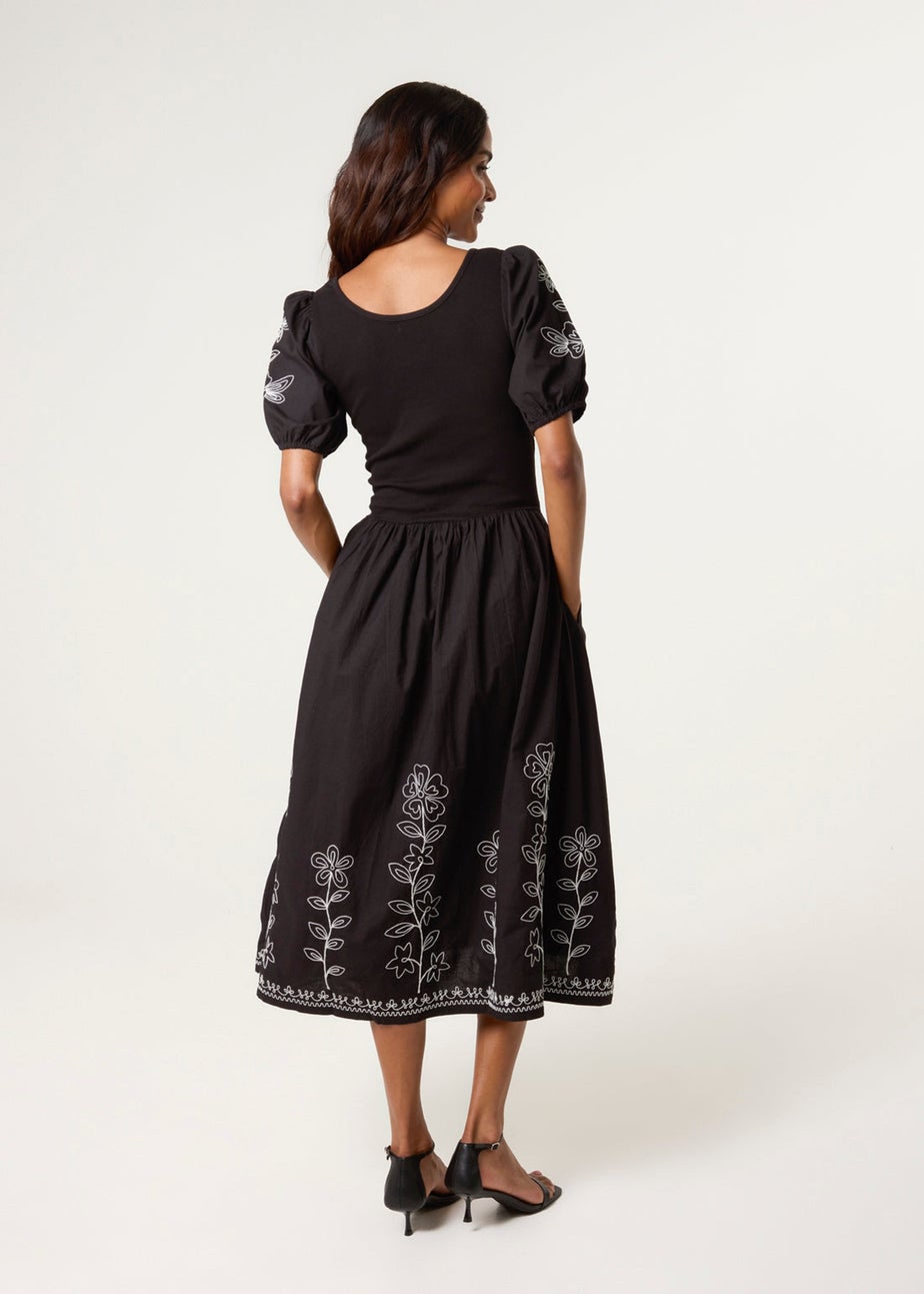 Blue Vanilla Black Embroidered Puff Sleeve Midi Dress