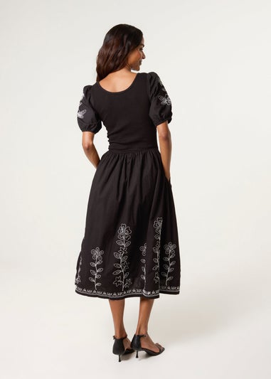 Blue Vanilla Black Embroidered Puff Sleeve Midi Dress
