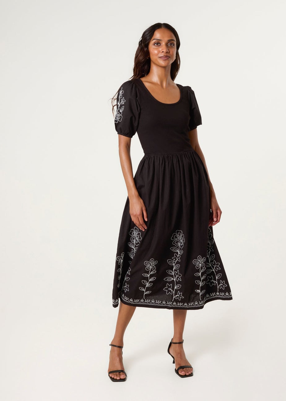 Blue Vanilla Black Embroidered Puff Sleeve Midi Dress