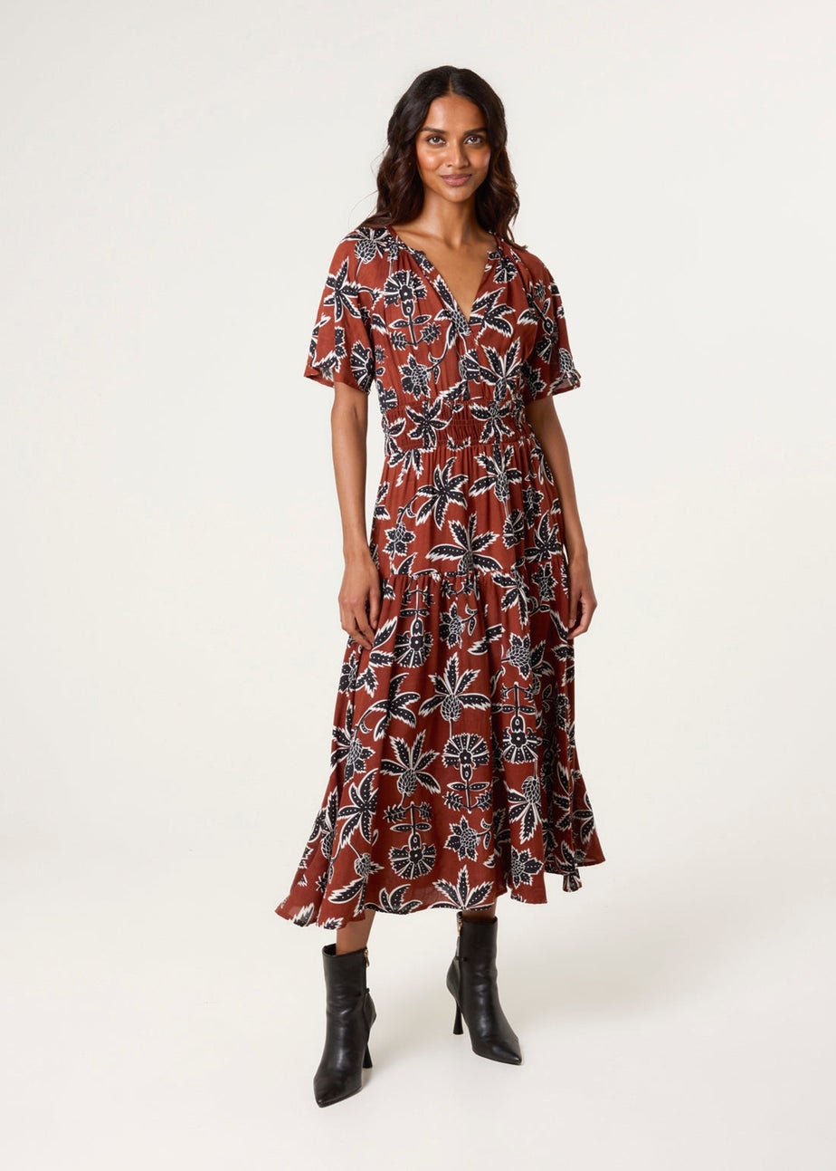 Blue Vanilla Brown Notch Neck Elastic Tropical Print Dress