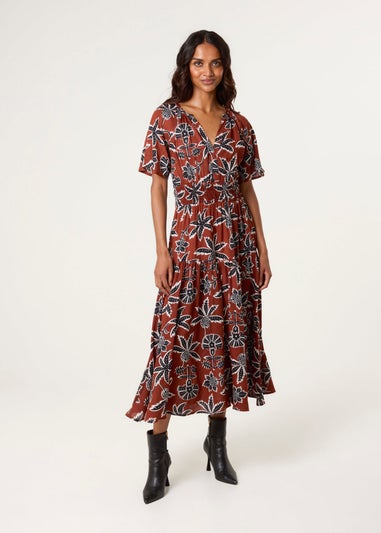 Blue Vanilla Brown Notch Neck Elastic Tropical Print Dress