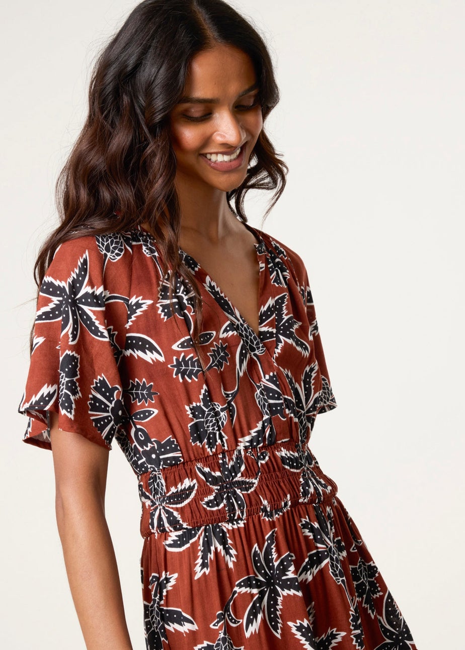 Blue Vanilla Brown Notch Neck Elastic Tropical Print Dress