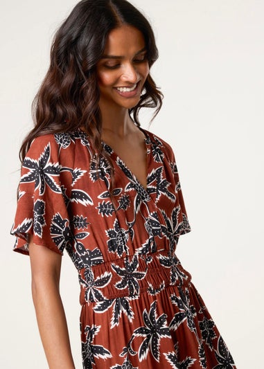 Blue Vanilla Brown Notch Neck Elastic Tropical Print Dress