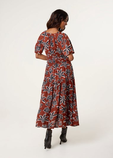 Blue Vanilla Brown Notch Neck Elastic Tropical Print Dress